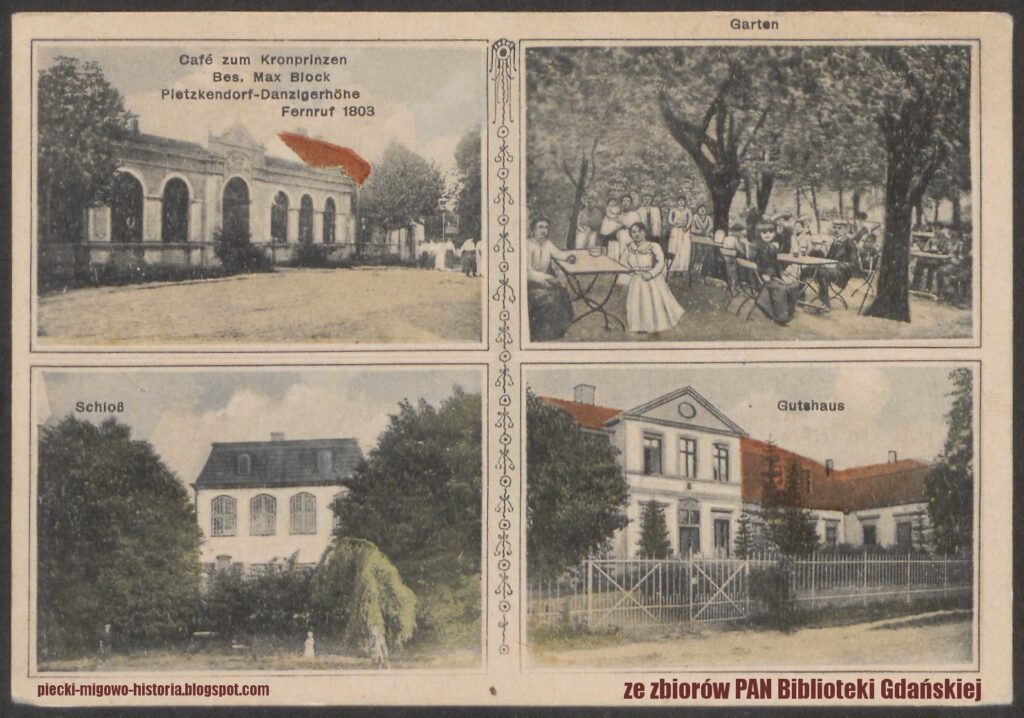 Kopia przedwojennej pocztówki z Piecek. Obydwa piecewskie dwory są w dolnej części - z lewej Sloss, czyli pałac - obecnie odbudowany dwór i Gutshaus, czyli dwór, który się nie zachował. W górnej części piecewskie restauracje