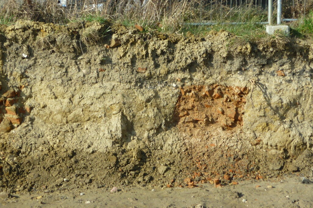 Marzec 2023 - resztki róznych cegieł / murków w wykopie blisko skrzyżowania ulicy Piecewskiej i Rakoczego
